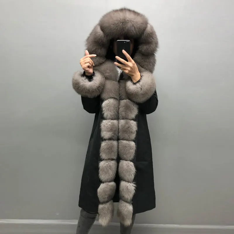 Женская зимняя парка с лисьим мехом длинное пальто натуральным меховое