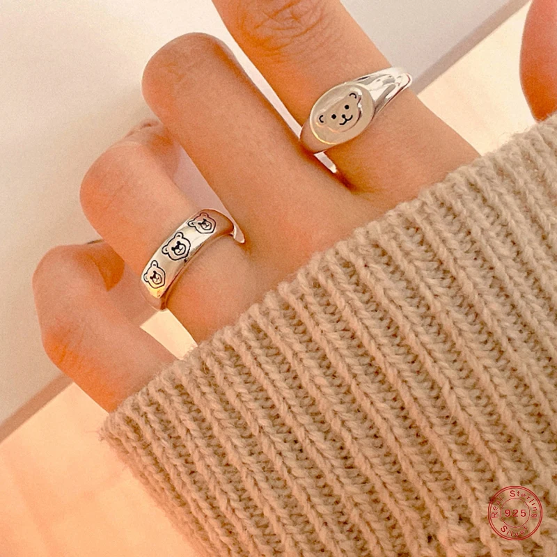 

925 Sterling Silver Korean Style Cute Three Bears Pattern Open Rings For Women Girls Gift Adjustable Ring Party Wedding Jewelry