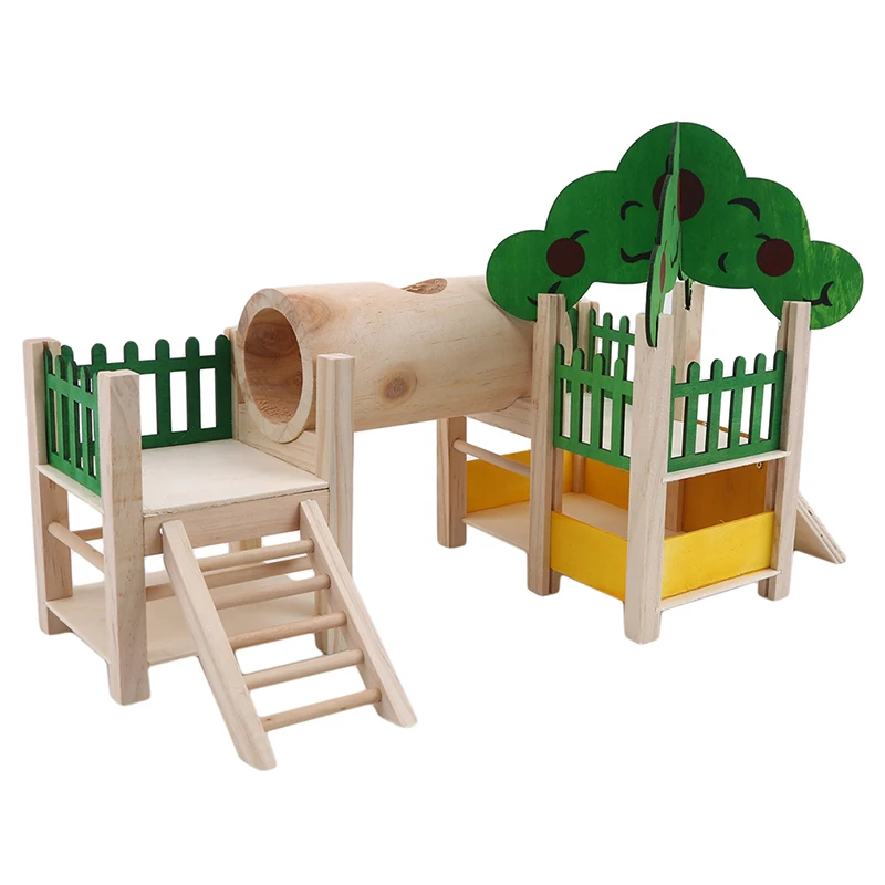 Hamster House Shelter Natural Wooden Rat Playground Activity Platform Villa With Pipe Fence Ladder Roof | Дом и сад