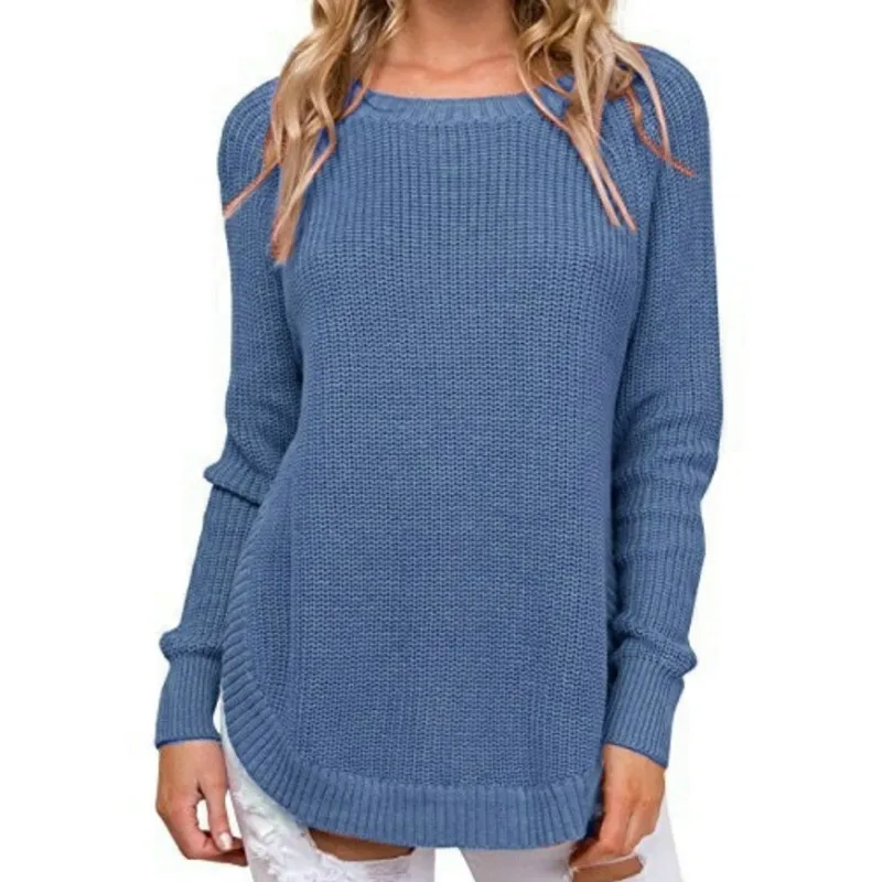Женский вязаный свитер с разрезом по бокам повседневный однотонный джемпер