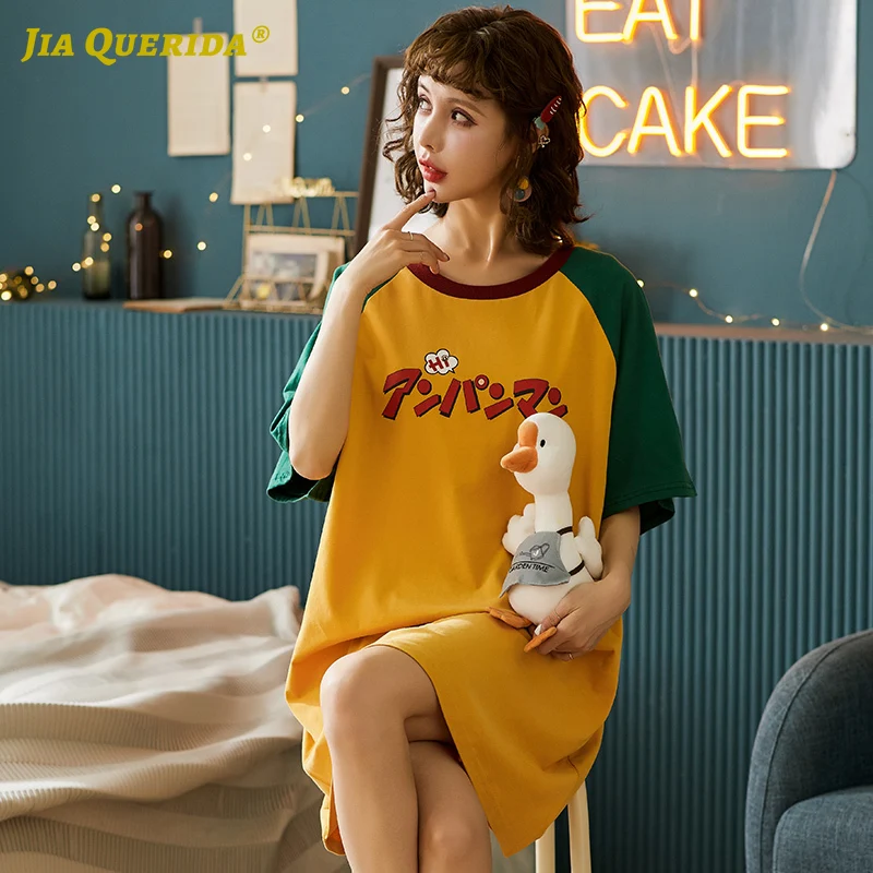 

Preppy Style New Soft Summer Night Gown Night Wear Fashion Casual Ladies Short Sleeve Patchwork Crew Neck Woman Clothes Yellow