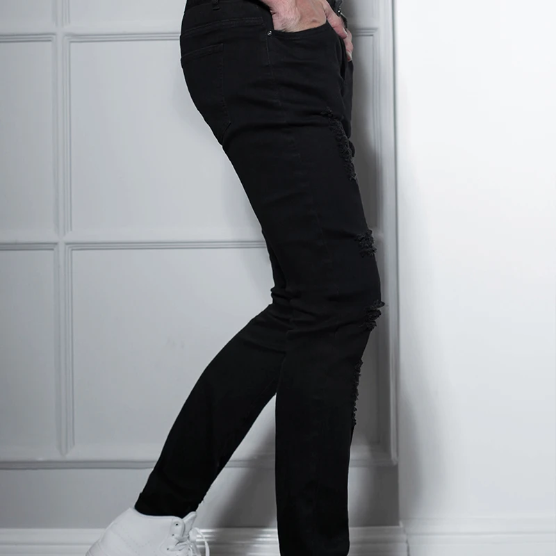 

European and American High Street Style Jeans Male Teenagers More Hole Trousers Knee Destruction Pants Slim Stretch Feet Pants