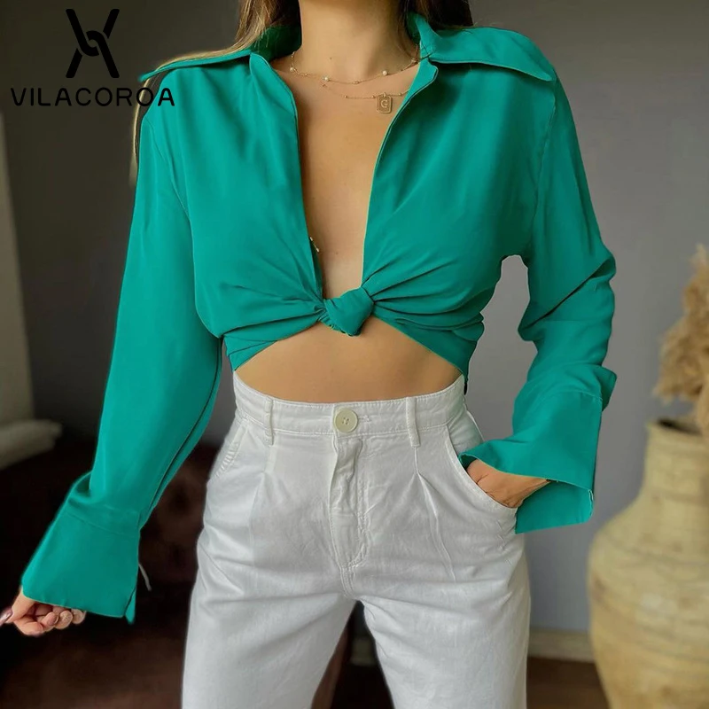 

Autumn Deep V Neck Long Sleeve Blouse Women Clothing Sexy Ultra Short Kink Shirt Tops Vintage Skinny Pullover Green Crop Top