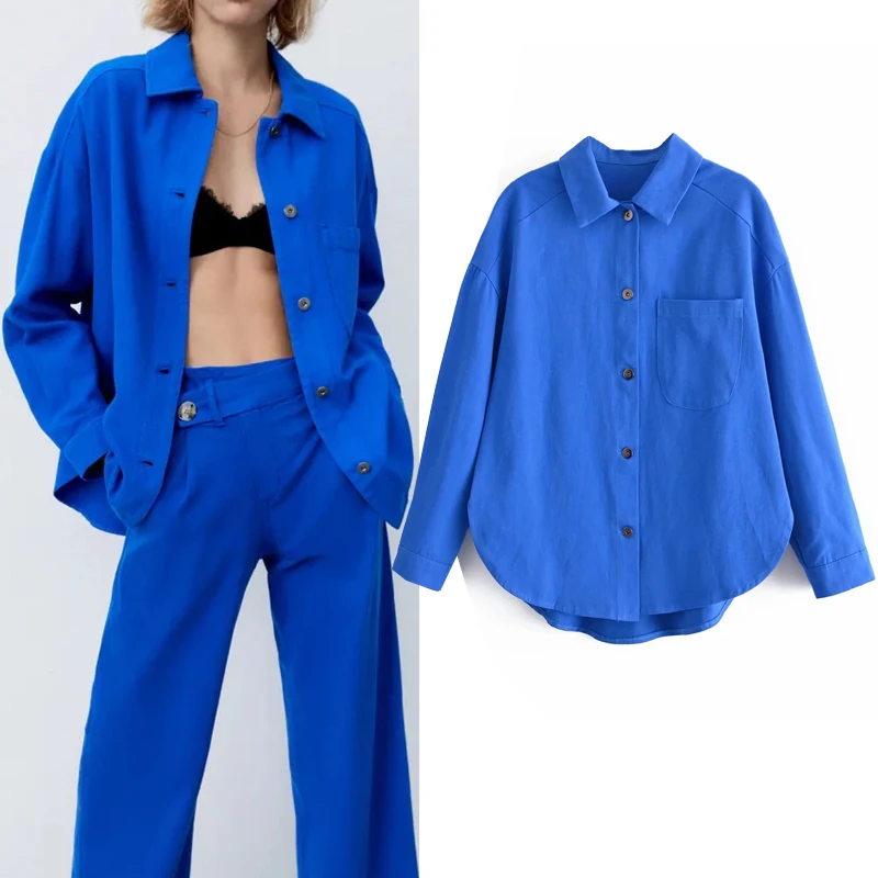 

Za Blue Jacket Woman Long Sleeve Autumn Women Jacket Fashion 2021 Pocket Streetwear Shirt Jacket Casual Female Coat