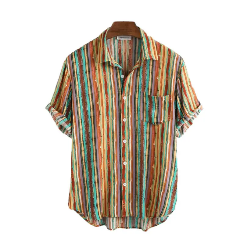 

Men's Summer Stripe Shirts Causal Short Sleeve Shirts Buttoms Down Tops Size 3XL