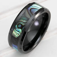fashion 8mm mens black stainless steel ring natural abalone shell inlay beveled edged tungsten ring mens wedding band
