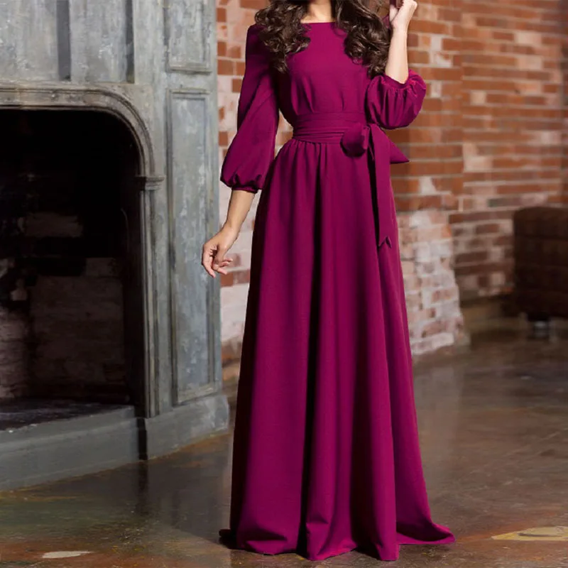 Новинка 2019 женское платье модное с круглым вырезом и длинным рукавом однотонное