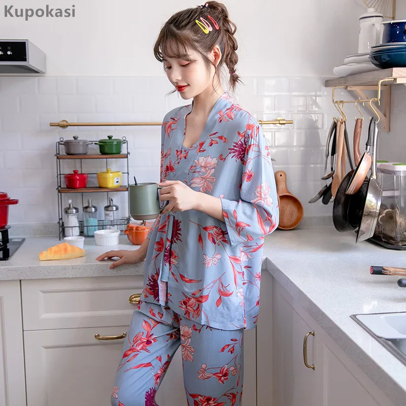 

Kupokasi 3 Pieces Floral Printed Pijamas Set Summer Viscose Sleepwear Women Pajamas Top Long Pants Night Suit Lounge Suits