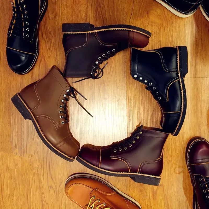 Handmade Genuine Leather Original Unisex Spring Winter Boots Men Wing Motorcycle Fashion Work Wedding Wine Red Color | Обувь