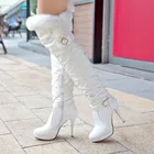 Модные стильные осенне-зимние сапоги из искусственной кожи, женские сапоги выше колена на тонком высоком каблуке, черные, белые длинные сапоги на платформе S0024