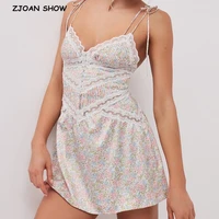 2021 holiday summer lace splice satin robe floral print spaghetti strap mini dress retro sexy bandage tie bow sling dresses