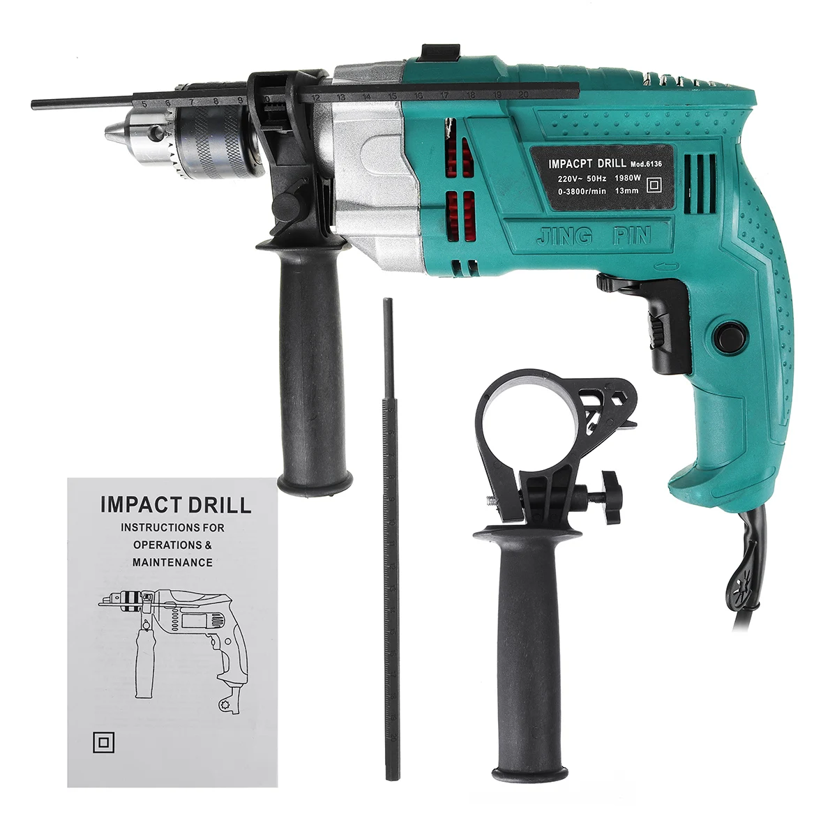 

1980W 220V 3800rpm Electric Impact Drill Kit Handheld Flat Drill Rotary Hammer Multifunction with Scale Wrench Handle Bar
