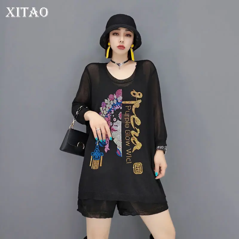 

XITAO Black Women Short Sets New Thin Section Knitting Splicing Letter Facebook Pattern Summer Fashion Simplicity Top WMD1902