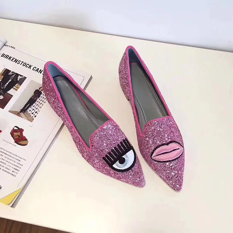 Новое поступление Блестящие весенние туфли на плоской подошве Цвет розовый