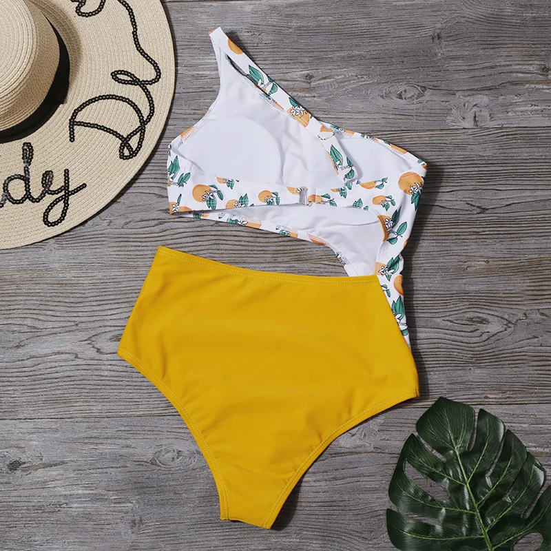 

Yellow Print Swimming Suit For Women 2021 Show Waist Wire Free High Waist Young Style Sexy Lovely One-Piece Swimsuit
