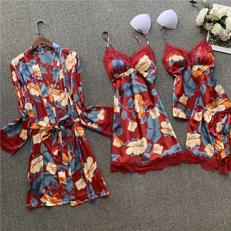 

Summer 4 Pcs Set Women Pyjama Flower Satin High Quality Lace Sexy Sleepwear With Chest Pad Pajamas Sexy V-Neck Home Clothing Set