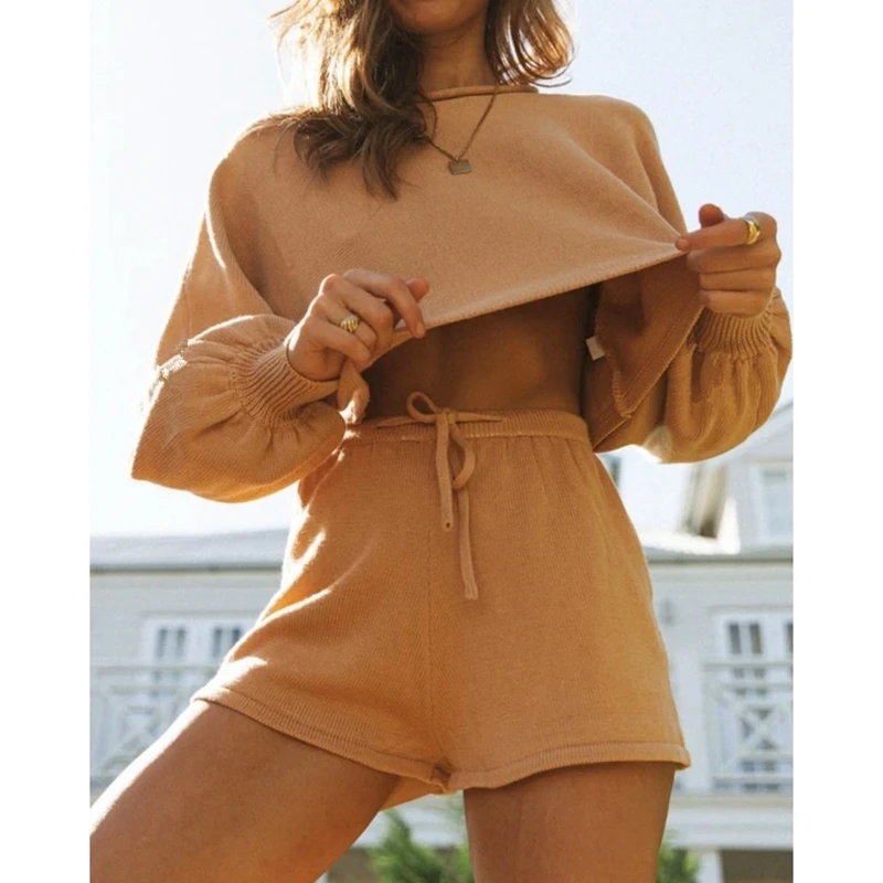 

Women O Neck Long Sleeve Loose Top Set and Shorts Knit Casual Loose Two Piece Sets Mint Green Size S