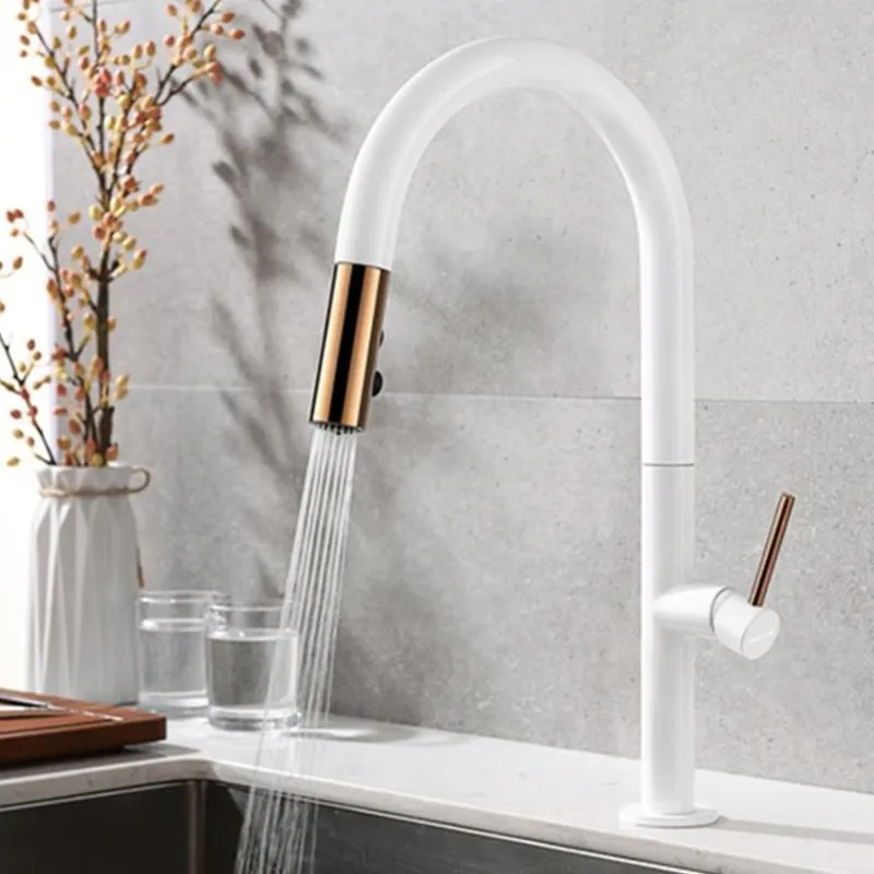 LASO European antique sink faucets Black white pull faucet adjustable kitchen hot and cold swivel spout extension | Обустройство дома