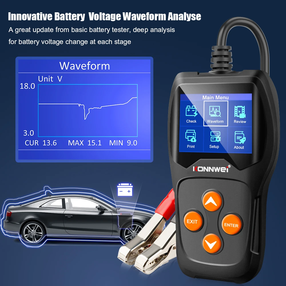 

Тестер автомобильного аккумулятора KONNWEI KW600, 12 В, цифровой цветной экран, автоматический анализатор аккумуляторов от 100 до 2000CCA, запуск заряд...