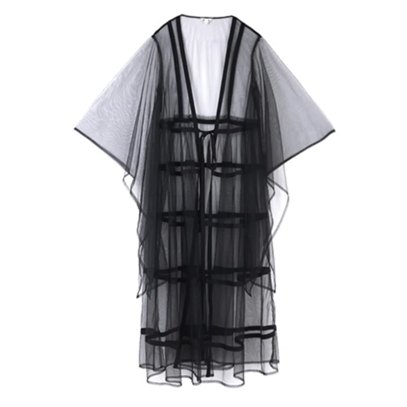 

SHENGPALAE Elegant Black Mesh Blouse Women's Summer 2021 New V-neck Transparent Thin Shirring Flare Sleeve Long Sunscreen Shirt