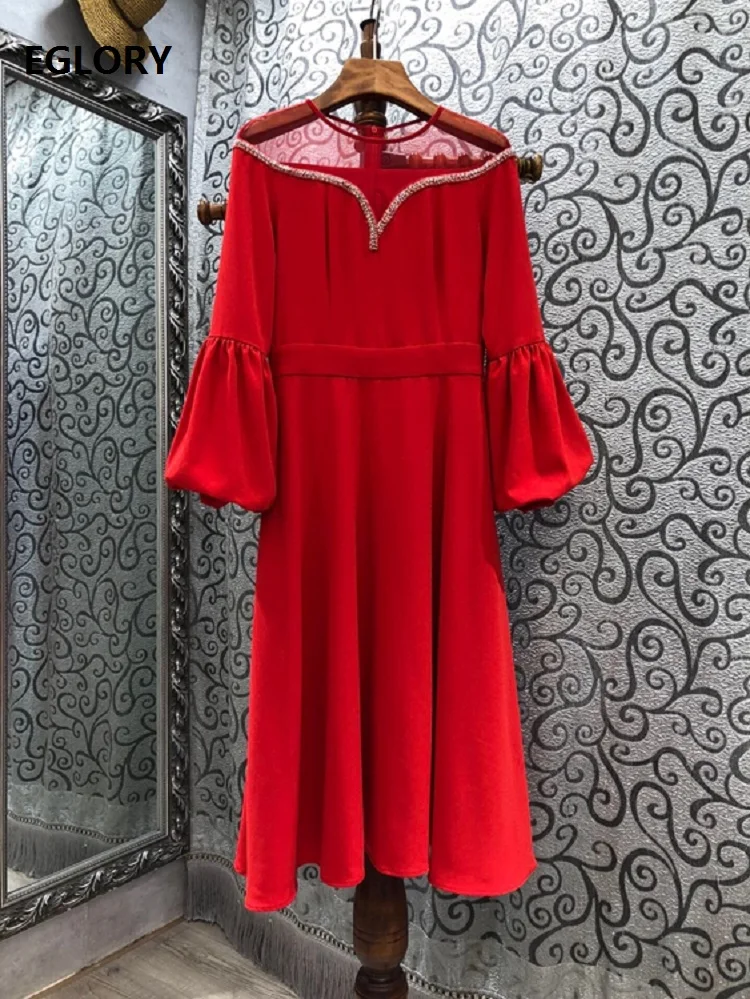 

Vestidos De Festa 2021 Spring Summer Party Event Women Sexy Tulle Mesh Beading Deco Puff Sleeve Mid-Calf Black Red Dress Luxury