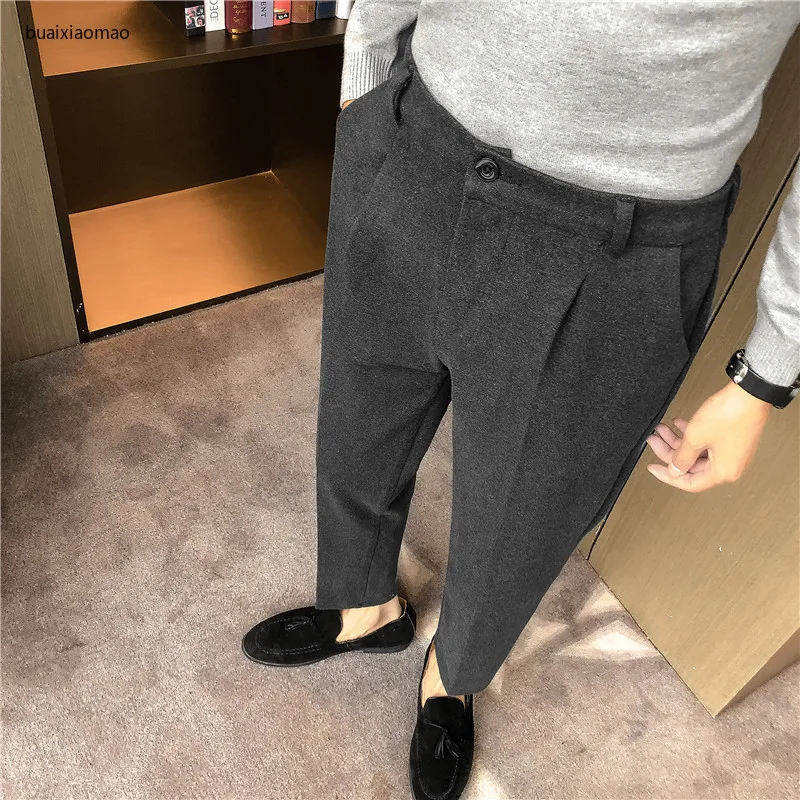 

2021 зимние шерстяные мужские костюмные брюки, повседневные деловые классические брюки, приталенные деловые офисные брюки, Классические муж...