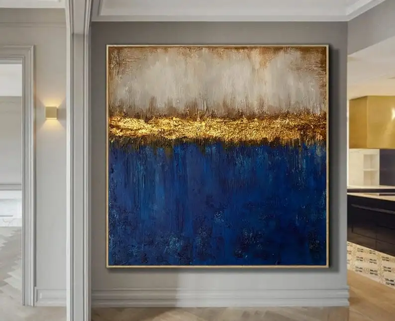 

Handmade Blue Gold Leaf Acrylic Painting Textured Abstract Painting On Ready To Hang Canvas Gold Foil Oversized Wall Art