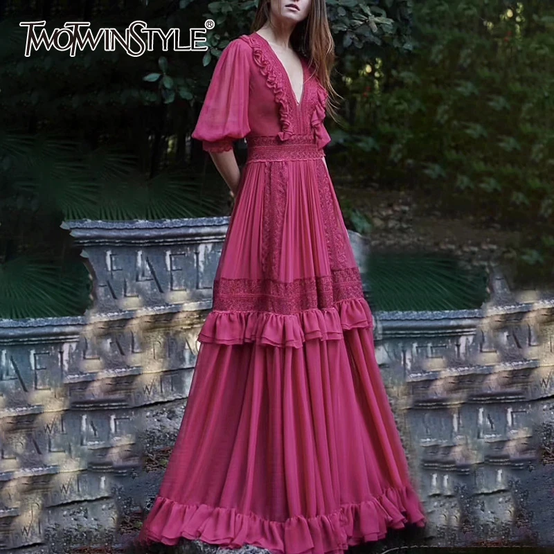 Платье TWOTWINSTYLE кружевное с высокой талией и длинным рукавом фонариком|Женские
