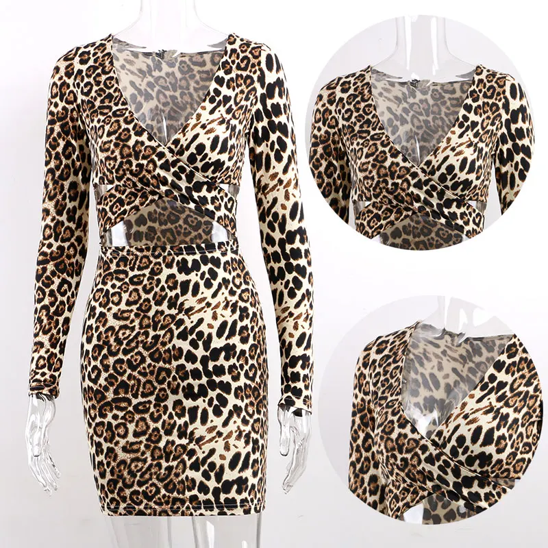 Forefair Sexy Bodycon Leopard Dress Party Club V Neck Cross Trendy High Waist Autumn Winter 2019 Long Sleeve Bandage Women | Женская