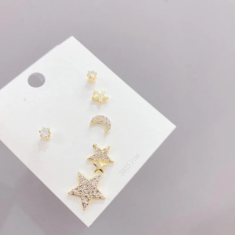 

2021 New Design 6 Pcs 14K Real Gold Star Stud Earrings Luxury Jewelry Cubic Zircon Earrings