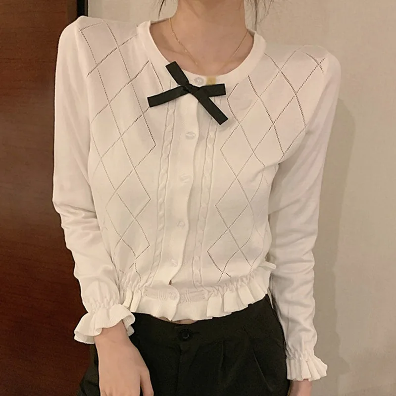 

Women Cardigan Spring Comfortable Solid Color Bowknot Short Sweater Casual Long Sleeved O-Neck Knitted Tops Z