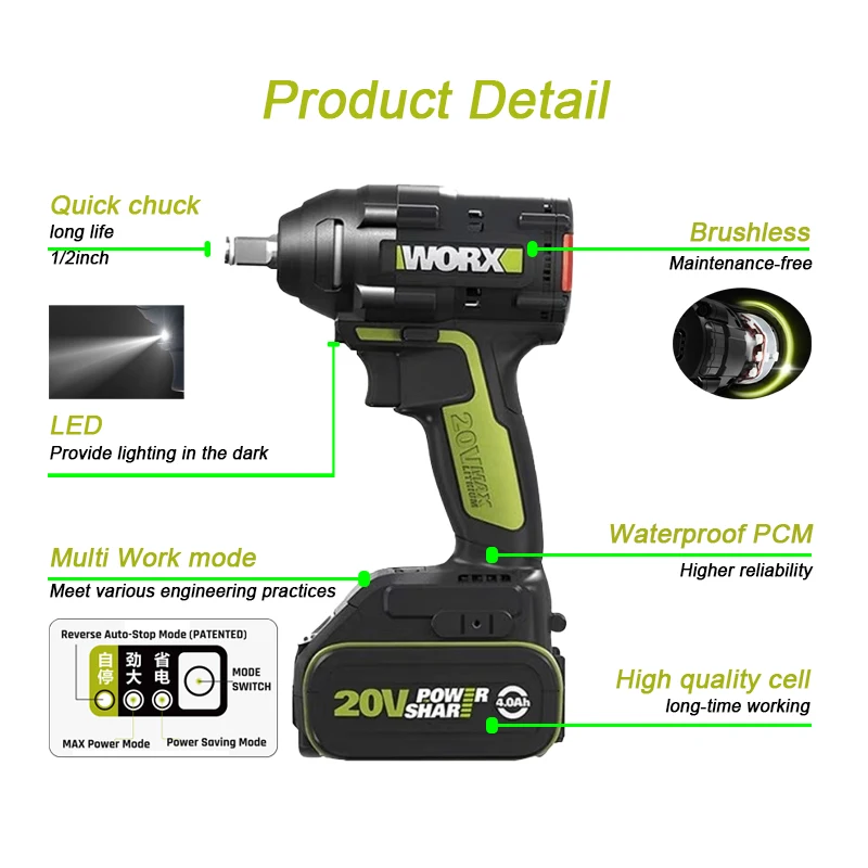 Ударный гайковерт WORX WU279 бесщеточная электрическая дрель небольшой ветровой