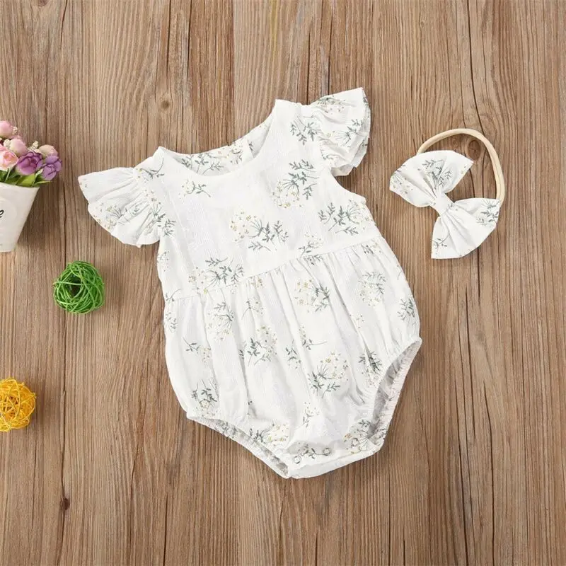 

Newborn Baby Girl Clothes Ruffle Floral Romper Jumpsuit Playsuit Headband Summer