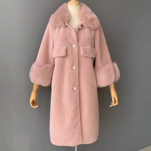 Pink MAOMAOFUR/шерстяное пальто для женщин с натуральным лисьим меховым воротником и манжетами; теплая верхняя одежда для женщин; Новая модная длинная стильная куртка из натурального овечьего меха - Цвет: Pink