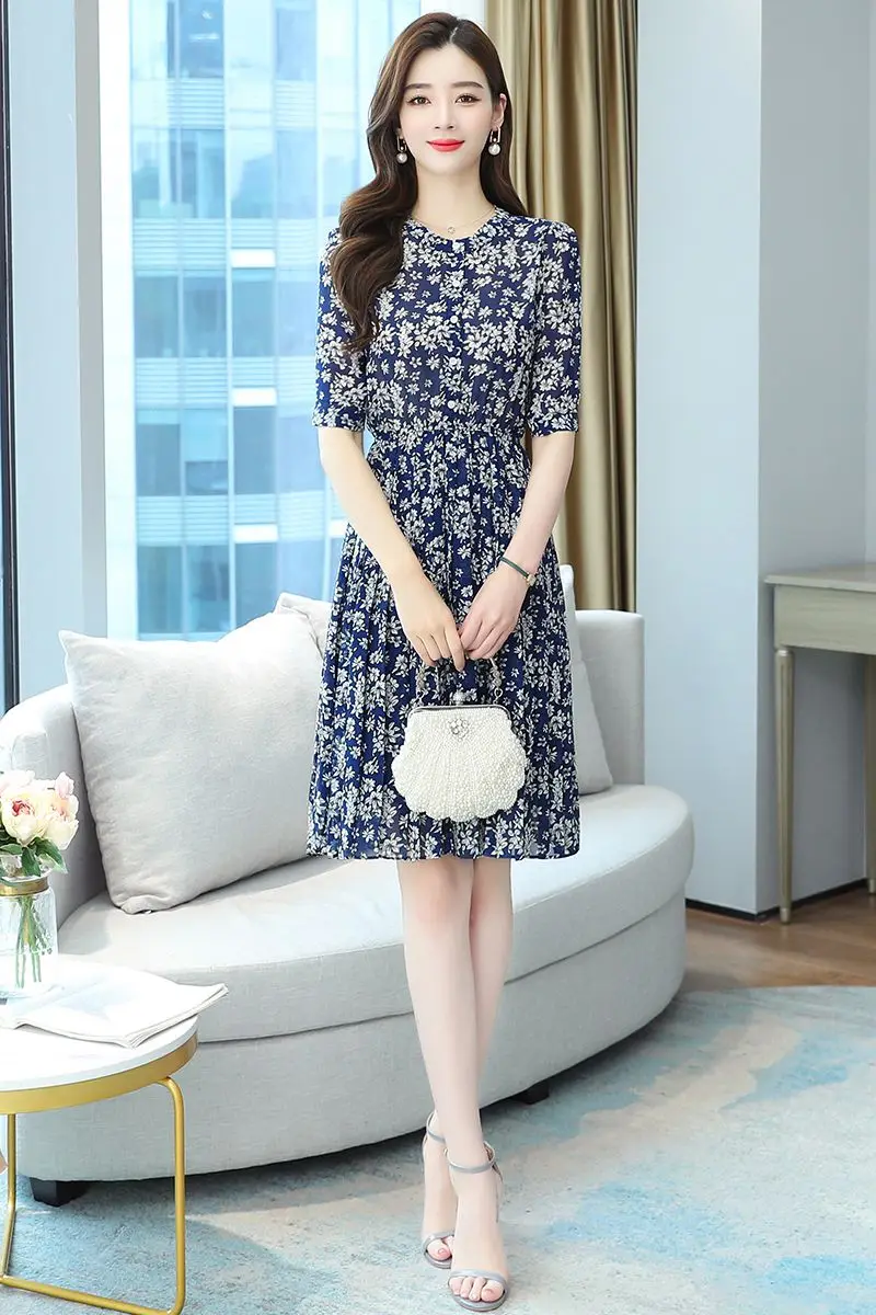 

COIGARSAM Short Sleeve Women dress New Spring Chiffon Floral Print High Waist Dresses Five Flower Sleeves 8166