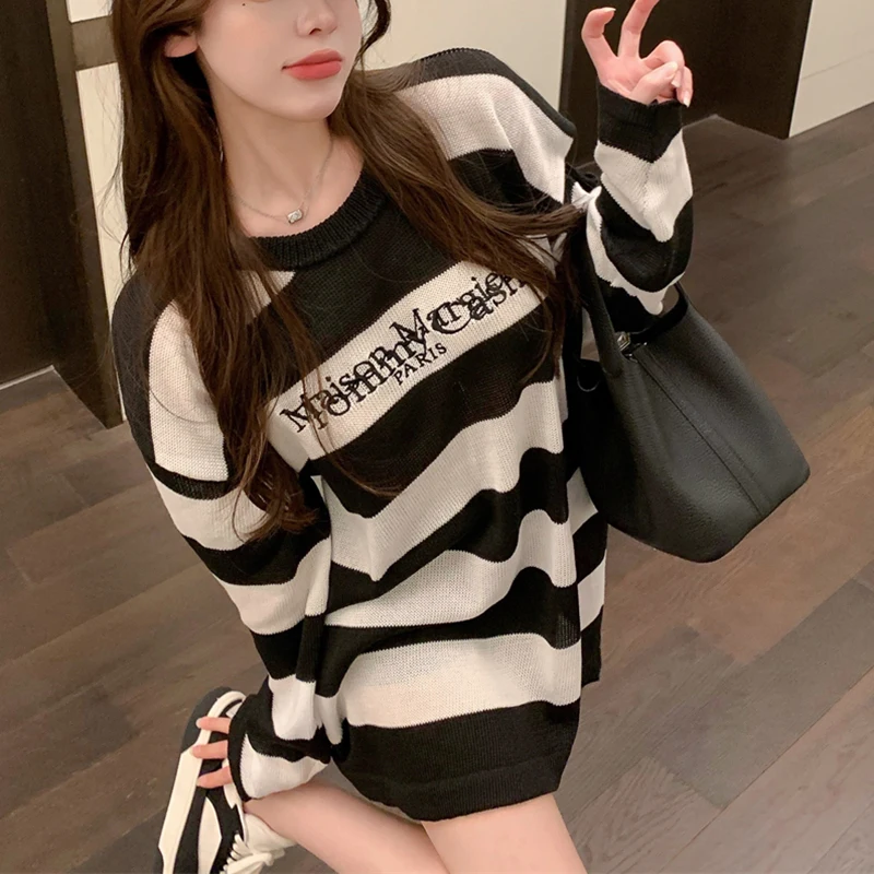 

Women's Sweater Baggy 2021 Autumn New Retro Streetwear Striped Pullover Fashion Embroidery Letters Mid-length Jumpers Tops
