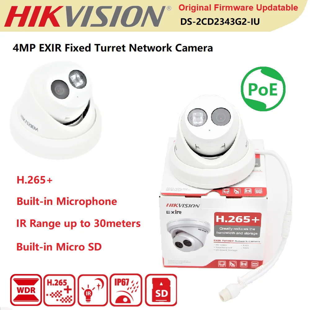 

Hikvision IP Camera 4MP DS-2CD2343G2-IU POE IR Built-in Microphone IP67 EXIR Turret Network Surveillance AcuSense CCTV