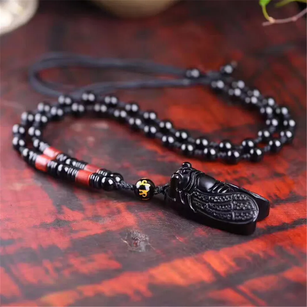 Подвеска Цикада из натурального черного обсидиана ожерелье с бисером модные