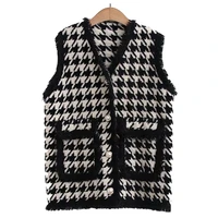 woman 2021 casual vest houndstooth faux mink fur single breasted waistcoat knitted vest femme sleeveless jacket