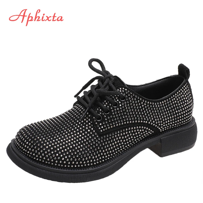 

Aphixta Luxury Design Crystals Flats Shoes Women Silver Bling Loafers Lace-up Shoes Fashion Leather Flat With Suede Students