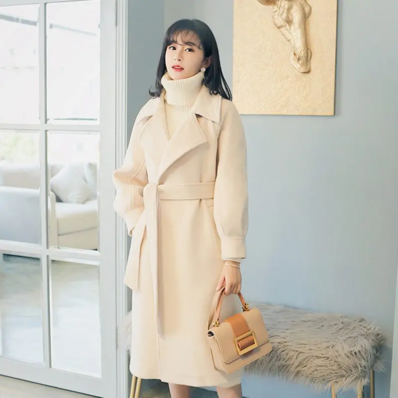 2019 Autumn Winter Woolen coats Women Lantern Sleeve Wool&ampblends Long Coat Casual Loose Wool Jacket Female Outwear | Женская одежда