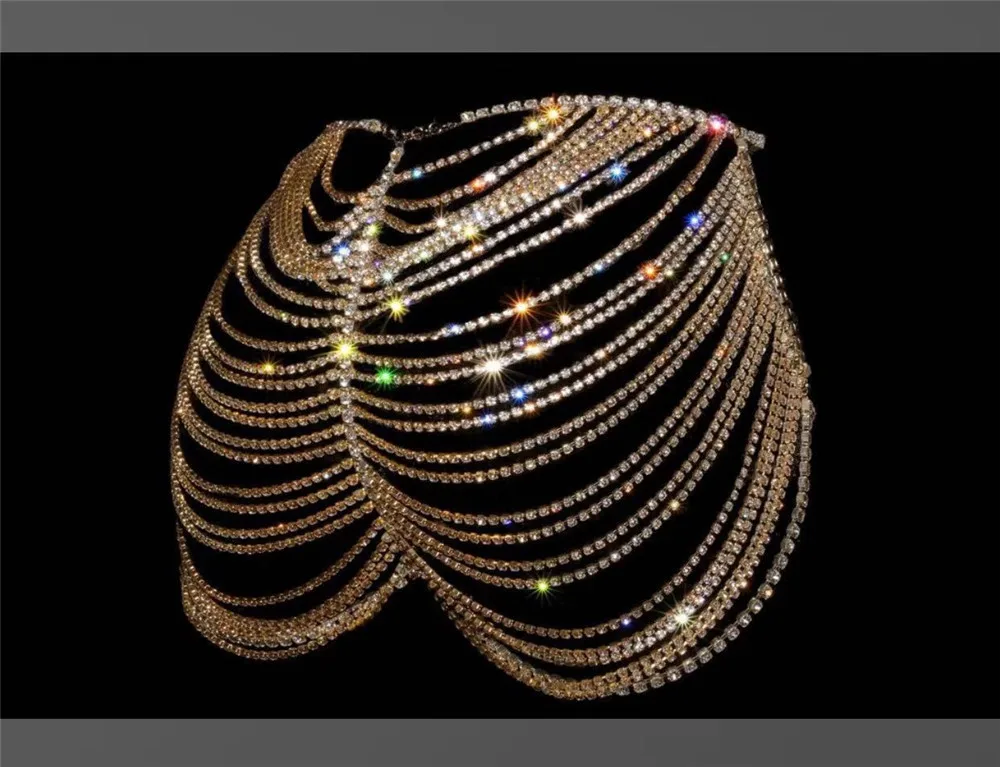 Цепочка многослойная женская с блестящими бриллиантами золотистая/серебристая