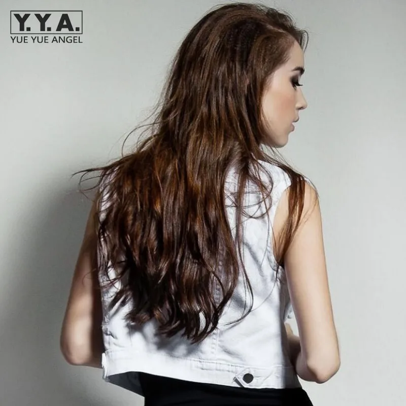 Женский джинсовый жилет винтажный белый крутые джинсы с заклепками однобортный