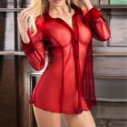 Рубашка сетчатая женская, сексуальное нижнее белье, пижама с длинным рукавом, красный топ, сетчатая рубашка, женское сексуальное нижнее белье, пижама с длинным рукавом