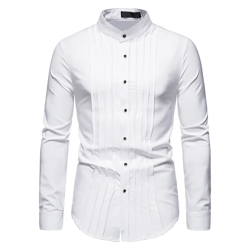 

LUCLESAM Men Pleated Striped Henry Collar Dress Shirt Mens Casual Long Sleeve White Shirts chemise homme camisa masculina
