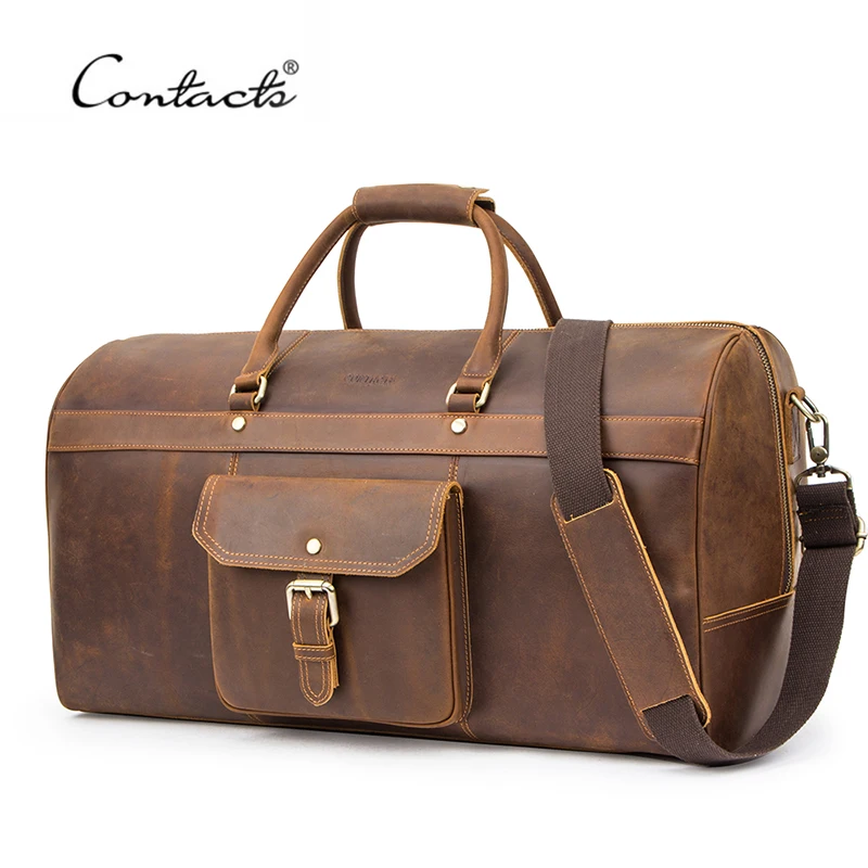 

CONTACT'S Multifunction Large Capacity Men Travel Bag Crazy Horse Leather Duffle Bags Vintage Shoulder Handbags Tote Luggage Bag