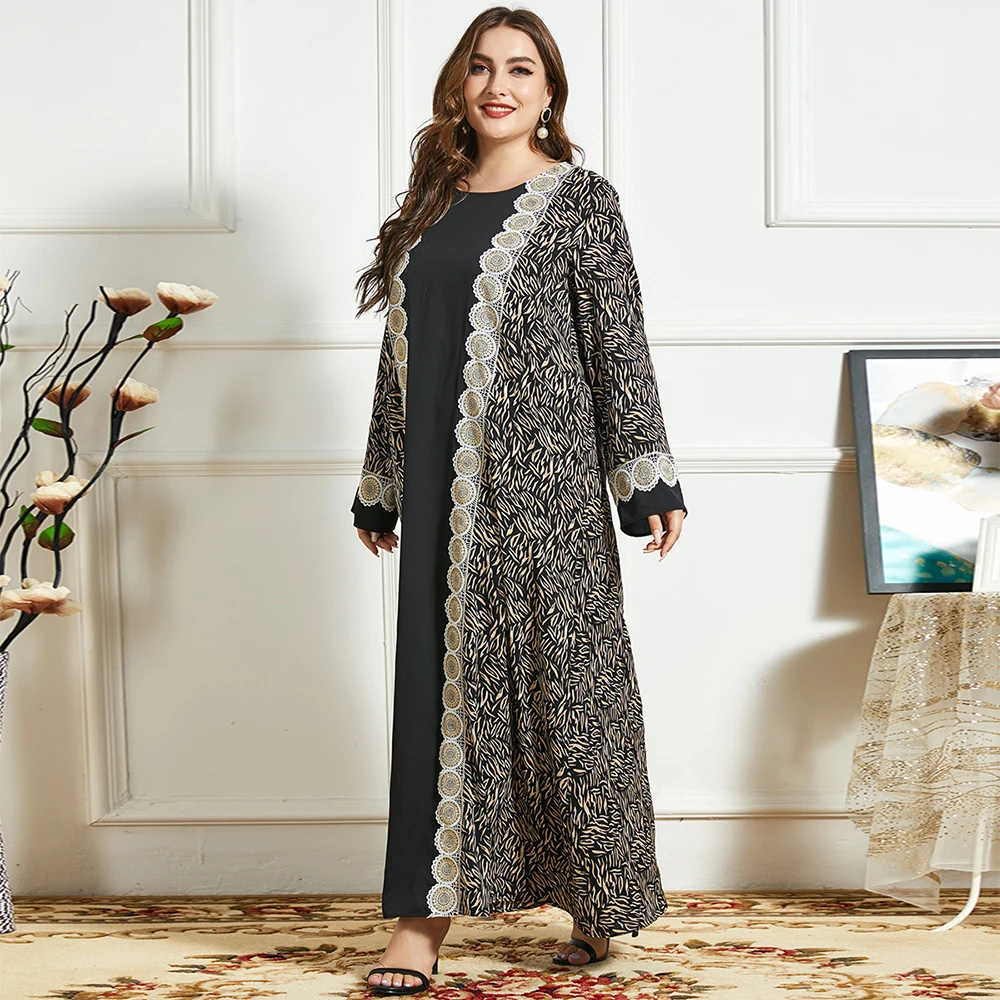 

FridayIn Summer Women's Dress 2021 Round Neck Wave Pattern Loose Sundress Casual Long Maxi Plus Size Kaftan