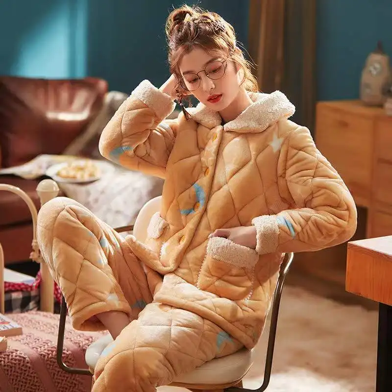 Winter Warm Pajamas Sets Women Three-Layer Thicken Flannel Sleepwear 2Piece/Set Coral Fleece Long-Sleeved Trousers Home Clot