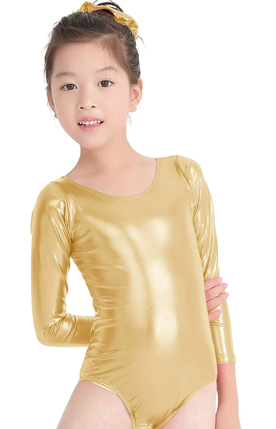 

Girls Shiny Metallic Spandex Gymnastics Dancewear Costumes Long Sleeve Ballet Dance Leotards for kids