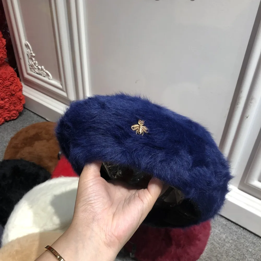 Женская шерстяная шапка, однотонные береты, женская шапка, Золотая Пчела, кролик, меховые шапки, женские художники, все совпадающие теплые шапки
